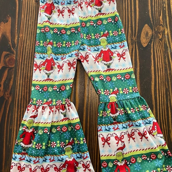 Grinch Christmas Top and Festive Bell Bottom Pants Set, girls size S (2T) - Picture 6 of 7